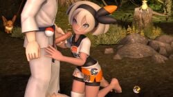 1boy 1girls 3d after_fellatio barefoot bea_(pokemon) black_belt_(pokemon) cum cum_on_face dark-skinned_female eevee facial feet female grey_eyes grey_hair gym_leader kneeling male male/female morbidvault penis pidgey pokeball pokemon pokemon_ss public public_sex short_hair soles source_filmmaker squinting straight toes ultra_ball