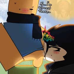 2boys background balls ballsack black_eyes black_hair black_shirt blue_shirt blush clouds cock cock_in_mouth crown cum day daytime dick english_text eyebrows eyelashes fluffy grabbing grabbing_hair green_pants outside pants_down penis precum roblox roblox_avatar robloxian saliva scarf shadow simple_background simple_coloring simple_eyes simple_shading spiky_hair sucking sucking_dick sucking_penis sun sweat text turtleneck white_body white_fur white_skin yellow_body yellow_skin