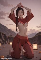1girl ai_generated avatar_the_last_airbender bangs braid brown_eyes brown_hair brunette cute_face front_view hands_up hard_nipples long_hair looking_at_viewer no_bra outdoor_nudity patreon_username pink_nipples skinny_female small_breasts small_nipples solo topless ty_lee watermark