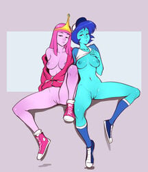 2girls abs adventure_time alien ass bedroom_eyes blue_female blue_hair blue_skin bottomless breasts breasts_out cartoon_network crossover crown duo exposed exposed_breasts female female_only gem_(species) half-closed_eyes hat humanoid izra jacket lapis_lazuli_(bob) lapis_lazuli_(gem) lapis_lazuli_(steven_universe) long_hair multiple_girls nipples open_jacket open_shirt pink_female pink_hair pink_skin princess_bubblegum pussy seductive shirt shirt_lift shirt_up shoes short_hair sneakers socks spread_legs steven_universe thighhighs thighs