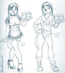 2017 alcohol annie_(brian_mcpherson) anthro areola beaver beer beverage bottomless breasts brian_mcpherson clothed clothing female footwear glass high_heels maid_uniform mammal nipples plate pussy rodent shoes sketch topless uniform waiter