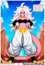 ai_generated android_21 big_breasts black_topwear cleavage comic_page comic_panel corruption dirty_talk dominant dominant_female dragon_ball dragon_ball_super dragon_ball_z english_text female femdom first_person_view hands_on_hips long_hair looking_at_viewer majin_android_21 mimipaws pink-skinned_female pink_skin pointy_ears red_eyes smug solo solo_female speech_bubble tail text text_bubble white_hair white_panties