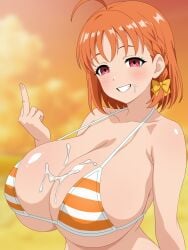 1girl absurdres after_ejaculation ahoge alternate_breast_size_(larger) armpit_crease beach bikini blurry blurry_background blush bow breasts collarbone commentary_request cum cum_on_body cum_on_breasts day eyelashes facial hair_bow hand_up highres huge_breasts large_variant_set looking_at_viewer love_live! love_live!_sunshine!! medium_hair micro_bikini middle_finger migikoba orange_bikini orange_hair orange_sky outdoors paid_reward_available pink_eyes sky smile striped_bikini striped_clothes swimsuit takami_chika upper_body variant_set yellow_background