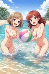 2girls :d ai_generated akane_(etra-chan_saw!) beach beach_ball blush breasts brown_eyes completely_naked completely_naked_female completely_nude completely_nude_female cute etra-chan_saw! female female_only happy happy_female hourglass_figure hourglass_figured_female in_water light_brown_hair looking_at_viewer medium_breasts naked naked_female nipples nude nude_edit nude_female nude_filter part_of_a_set perfect_body playing_in_water purple_eyes pussy red_hair smile smiling smiling_at_viewer splashing tsutsuji_(etra-chan_saw!) vagina water wholesome wholesome_nudity youtube
