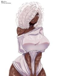1girls big_breasts breasts_bigger_than_head casulrain clothed dark-skinned_female dark_skin female female_focus female_only fluffy fluffy_hair gigantic_breasts huge_breasts looking_at_viewer oc original original_character red_eyes scar scars scars_all_over shirt shirt_down simple_background solo solo_female thick_thighs top_heavy white_background white_hair