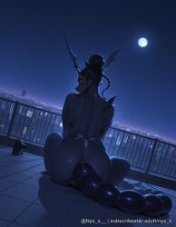 1girl ai_generated anal anal_object_insertion anus ass back back_tattoo braid colored_skin demon_girl explicit from_behind full_moon glowing glowing_eyes hair_bun horns looking_at_viewer looking_back moon moonlight night night_sky nude nyx_x object_insertion outdoors pink_eyes pointy_ears purple_eyes pussy pussy_juice rooftop sex_toy sitting sky solo star_(sky) tail tattoo twin_braids uncensored wings