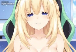 1girl ai_generated anime anime_style blonde_hair blue_eyes blush braid breasts chair cleavage collarbone cpu_(neptunia) green_heart_(neptunia) hair_between_eyes hentai hi_res hyperdimension_neptunia indoors large_breasts long_hair looking_at_viewer mystic_maidens neptunia_(series) nude out-of-frame_censoring patreon smile solo upper_body vert vert_(neptunia) window