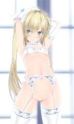 3d armpits bangs blonde_hair bra closed_mouth eyebrows eyebrows_visible_through_hair female garter_belt gloves lingerie long_hair looking_at_viewer navel original pussy solo standing taii_(tng1014) thighhighs tied_hair twintails uncensored underwear white_gloves white_legwear window