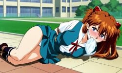 1girls ai_generated arms_tied_behind_back asuka_langley_sohryu blue_eyes blush bondage bound_ankles gag gagged laying_on_ground neon_genesis_evangelion orange_hair panty_gag school_uniform twintails