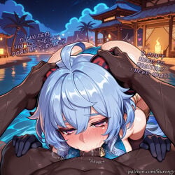 1boy 1girl ahoge ai_generated ass bangs bare_shoulders blue_hair blush breasts dark-skinned_male dark_skin english_text fellatio ganyu_(genshin_impact) genshin_impact gloves goat_horns hetero horns interracial kurorgy looking_at_viewer oral penis pov purple_eyes