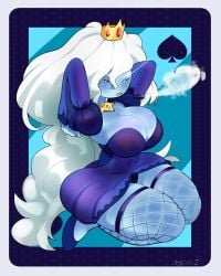 1girls 2022 adventure_time arms_up big_breasts blowing_air blue_background blue_body blue_dress blue_skin breasts cartoon_network cleavage clothed_female crown dress female female_only fionna_and_cake fishnets ice_queen_(adventure_time) jewelry kneeling long_hair looking_at_viewer necklace peridraw playing_card princess thick_thighs thighhighs thighs white_background white_border white_eyes white_hair wide_hips