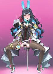 1girl absurdres animal_ears bar_censor bare_shoulders belt black_gloves black_hair black_leotard blue_hair blush bow bowtie breasts brown_pantyhose censored colored_inner_hair commentary_request condom condom_packet_strip condom_wrapper detached_collar dildo eyeliner fake_animal_ears fate/grand_order fate_(series) full_body gloves gozaru grey_eyes high_heels highleg highleg_leotard highres jacket leotard long_hair long_sleeves looking_at_viewer makeup multicolored_hair multicolored_jacket object_insertion off_shoulder open_mouth pantyhose playboy_bunny pole pussy rabbit_ears red_gloves sex_toy sidelocks small_breasts solo spread_legs stripper_pole tenochtitlan_(fate) tenochtitlan_(swimsuit_mooncancer)_(third_ascension)_(fate) torn_clothes torn_pantyhose two-tone_jacket used_condom vaginal vaginal_object_insertion white_jacket yellow_jacket
