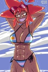 abs argentina argentine_flag argentinian_female big_breasts bikini dark-skinned_female dark_skin freckles lucila_(slime_thing) muscular muscular_female red_eyes red_hair slime_girl slime_thing sunglasses sunglasses_on_head