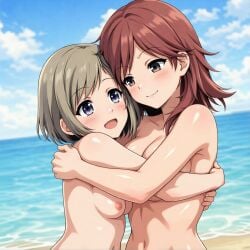 2girls :d ai_generated akane_(etra-chan_saw!) beach bedroom_eyes big_breasts blush breasts brown_eyes completely_naked completely_naked_female completely_nude completely_nude_female cute etra-chan_saw! female female_only happy happy_female hourglass_figure hourglass_figured_female hugging hugging_another light_brown_hair looking_at_viewer naked naked_female nipples nude nude_edit nude_female nude_filter part_of_a_set perfect_body purple_eyes pussy red_hair small_breasts smile smiling smiling_at_viewer tsutsuji_(etra-chan_saw!) vagina water wholesome wholesome_nudity youtube