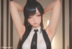 1boy 1femboy absurd_res ai_generated armpits arms_behind_head arms_up artist_name artist_upload black_hair black_necktie blurry_background collared_shirt crossdressing earrings femboy femboy_focus feminine_male gay grey_eyes hi_res jewelry lips long_hair looking_at_viewer more_at_source necktie pandora parted_lips patreon patreon_username ponytail self_upload shirt sleeveless sleeveless_shirt solo transgender uncensored upper_body watermark wet wet_clothes wet_shirt white_shirt