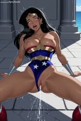 1girl ai_generated black_hair blue_eyes blush breasts covered_navel dark_skin dc earrings hi_res high_quality high_resolution jewelry large_breasts leotard leotard_aside long_hair nipples open_mouth patreon pussy pussy_juice rolling_eyes saliva seductive sexy solo spicytoonai spread_legs star_print superhero sweat tongue trembling uncensored watermark wonder_woman