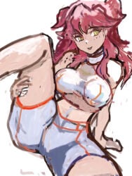1girls female_villain freckles freckles_on_face ginger ginger_female ginger_hair gundam_00 large_breasts nena_trinity red-haired_female red_hair shorts spread_legs villainess yellow-eyed_female yellow_eyes