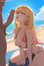 1boy 1girl ai_generated bangs beach bikini blue_sky blush breasts breasts_outside clothed_female_nude_male day erection heart heart-shaped_pupils hetero hi_res high_quality high_resolution jewelry kitagawa_marin kneeling large_penis long_hair medium_breasts necklace nipples ocean open_mouth orange_hair outdoors patreon penis penis_awe red_eyes sand seductive sexy sky solo_focus sono_bisque_doll_wa_koi_wo_suru swimsuit symbol-shaped_pupils uncensored veins veiny_penis watermark