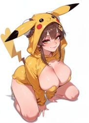 1girl 2026 ai_generated animal_tail anime bangs blush boobs braid braided_hair breasts brown_hair chaos_zero_nightmare cleavage closed_mouth cosplay crossover double_bun eye_contact eyeshadow female female_focus flushed hair_bun highres hood huge_breasts kneeling large_breasts looking_at_viewer makeup mole mole_under_mouth neutral_expression nsfw patreon pikachu rognezart shiny shiny_skin simple_background smile smiling solo tail thick_thighs thighs white_background yellow_eyes yuki yuki_(chaos_zero_nightmare)