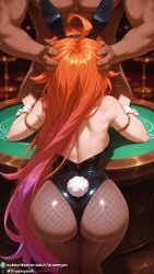 1girls ai_generated ass ass_focus back_view bare_shoulders big_penis blowjob blue_eyes breasts bunny_ears bunny_girl bunnysuit butt butt_focus curvy curvy_body curvy_female dark-skinned_male dark_skin deepthroat dreamyan_ai fellatio fishnet_legwear fishnet_pantyhose fishnets from_behind head_grab heterochromia hi_res high_quality high_resolution highres interracial league_of_legends leotard long_hair medium_breasts multicolored_hair oral oral_sex orange_hair pantyhose purple_eyes thick_ass thick_thighs thighs uncensored very_long_hair zoe_(league_of_legends)