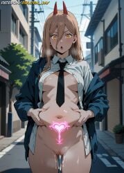 ai_generated big_breasts blonde_hair chainsaw_man cum cum_drip cum_in_pussy cumflation devil_horns exhibitionism exposed_pussy half-dressed half_naked horns orange_eyes power_(chainsaw_man) succubus_tattoo unbuttoned unbuttoned_shirt