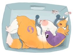 1girl 3boys absurdres black_sclera breasts colored_sclera commentary digimon digimon_(creature) english_commentary fat fatter_than_canon furry furry_female gangbang giant giantess gigantic_breasts group_sex highres large_areolae lying multiple_boys neck_fur neck_tuft nipples on_back paizuri purple_sleeves renamon sex snout thick_thighs thighs two-tone_fur utta yellow_fur yin_yang