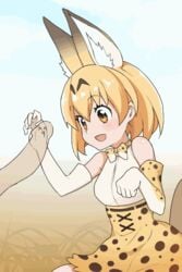 1boy 1girls :d ^_^ animal_ears animated bangs bare_shoulders blonde_hair bow bowtie cat_ears cat_tail cute drooling elbow_gloves erection eyebrows eyebrows_visible_through_hair female gloves grass interspecies kemono_friends leopard_print long_ears nishino_(waero) open_mouth penis penis_awe penis_with_face plant playful playing_with_penis saliva serval_(kemono_friends) skirt smile solo_focus straight tail tailwag text yellow_eyes