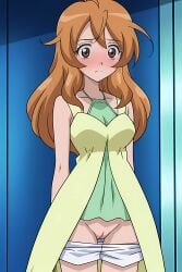1girls ai_generated alice_gehabich bakugan blush cleft_of_venus clothing dress embarrassed flashing_pussy innie_pussy no_panties orange_hair pants_down pinku.ai pulling_clothing shorts shorts_down vagina