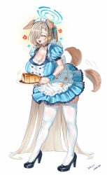 animal_ears asuna_(blue_archive) blonde_hair blue_archive choker dog_ears dog_tail food huge_breasts long_hair pudding solo solo_female thighhighs very_long_hair