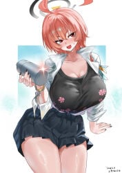 1girl aged_up ahoge big_breasts blue_archive blush halo huge_breasts neru_(blue_archive) neru_(school_uniform)_(blue_archive) red_eyes red_hair school_uniform skirt thick_thighs