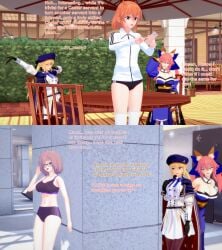3d 4girls artoria_pendragon artoria_pendragon_(caster) blonde_hair english_text fate/grand_order fate_(series) female fujimaru_ritsuka_(female) koikatsu mash_kyrielight orange_hair pink_hair sports_bikini tamamo_no_mae_(fate) text xavierhuge