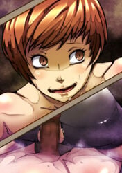 brown_hair censored censored_penis faceless_male imminent_sex nearly_nude oppaotintin persona persona_4 satonaka_chie sweat textless thick_thighs