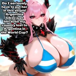 1female 1girl 1girls ai_generated argentina argentine_flag argentinian_flag argentinian_flag_bikini argentinian_flag_print beaned_clothing big_ass big_breasts big_butt bikini boobs breasts bronzed caption dark-skinned_male dark_skin english_text huge_ass huge_breasts huge_butt implied_male latino latino_male latino_male_white_female light-skinned_female light_skin oc owned_by_argentina pink_hair raceplay racism racist racist_woman red_eyes short_hair spiced text tits white_female