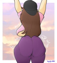 1girl arms ass big_booty booty bouncing bouncing_ass bouncing_boobs bouncing_booty bouncing_breasts bouncing_tits brown_hair butt clapping_ass clapping_booty clapping_cheeks girl hands_in_air huge_ass huge_butt jumping lovelymayley pantylines pink_t-shirt purple_pants raised shaking_ass shaking_butt sunset twerking underboob woman