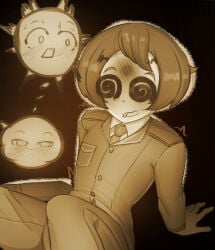 1boy 2026 fanart male military_uniform monochrome offscreen_character player_character pumpkin_pie solo spiral_eyes xenofeels