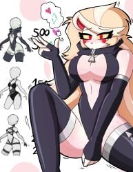 black_clothing blush blushing boobs breasts charlie_morningstar_(hazbin_hotel) hazbin_hotel hellaverse long_hair red_eyes strip_game the_titan_draw tits very_long_hair white_body