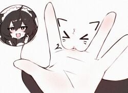 1girl :3 animal_print apron black_eyes black_hair black_thighhighs blush bunny_bunkai cat_bite_(meme) cat_print commentary drooling english_commentary fingering hair_between_eyes maid maid_apron maid_headdress meme mouth_drool open_mouth original pointing pointing_at_self pussy pussy_focus raised_inner_eyebrows saliva thighhighs thighs uncensored