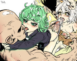 2boys 2girls animal_ears ass ass_grab bald black_dress black_hair blush breasts clothed_sex crossover cum cum_in_mouth dress dress_lift feet from_above gon_freecss green_eyes green_hair group_sex hair_pull half-closed_eyes highres hunter_x_hunter large_penis long_hair long_sleeves multiple_boys multiple_girls muscle neferpitou nipple_tweak one-punch_man panties pants_pull panty_pull penis penis_in_panties saitama saliva sex sgb short_hair simple_background straight tatsumaki tears thigh_sex tongue tongue_out topless underwear white_background white_hair white_panties yellow_eyes