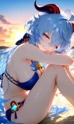 ai_generated beach bikini ganyu_(genshin_impact) genshin_impact hair_over_eye head_on_arm head_on_arms impacter looking_at_viewer on_beach sand side_view sitting sitting_down smiling smiling_at_viewer sunset