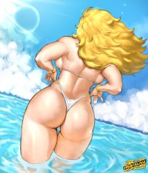adjusting_clothes ass beach bikini blonde_hair cloud depth_of_field huge_ass kolin_(street_fighter) lens_flare ocean sky spunkyramaz street_fighter street_fighter_v swimsuit tagme