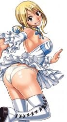 ass backless_outfit bare_shoulders brown_eyes detached_sleeves edited fairy_tail frilled_skirt frilled_sleeves large_breasts long_hair looking_back lucy_heartfilia mashima_hiro official_art sideboob smile standing_on_one_leg thigh_boots upscaled white_panties white_shirt