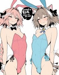 2boys ai_generated animal_ears astolfo_(fate) bangs bare_shoulders black_bow blue_leotard blush bow bowtie braid bulge cat_ears cat_tail closed_mouth detached_collar fake_animal_ears fang fate/grand_order fate_(series) felix_argyle femboy femboysub hair_between_eyes hair_bow hair_intakes highleg highleg_leotard leotard long_hair male_focus male_playboy_bunny multicolored_hair multiple_boys otoko_no_ko picklepumper pink_hair pink_leotard playboy_bunny purple_eyes rabbit_ears rabbit_tail rezero_kara_hajimeru_isekai_seikatsu ribbon simple_background single_braid skin_fang smile streaked_hair sweat tagme tail wavy_mouth white_background white_hair wrist_cuffs