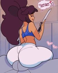 1boy 1girls animated big_ass erection_under_clothes fat_ass femdom knife mari_(tiaramisstsu) midriff naughty_face seduction_techniques sitting_on_lap sitting_on_person smile sports_bra teasing tiaramisstsu