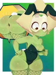 1girls 2025 ass ass_focus bent_forward bent_over big_ass blonde_hair breasts brown_eyes bunny_ears bunnysuit cartoon_network cleavage female female_only fishnets green_background green_body green_nipples green_skin nipples peridot_(steven_universe) peridraw short_hair small_breasts steven_universe thick_thighs thighhighs thighs wardrobe_malfunction white_background white_border wide_hips