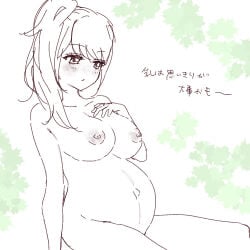 big_breasts blush canon_genderswap completely_nude female female_only genderswap_(mtf) gintama long_hair monochrome nude okita_sougo okita_souko ponytail pregnant rule_63 shirogu side_ponytail sketch solo