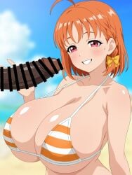 1boy 1girl absurdres ahoge alternate_breast_size_(larger) armpit_crease bar_censor beach bikini blue_sky blurry blurry_background blush bow breasts censored collarbone commentary_request dark-skinned_male dark_skin day erection eyelashes hair_bow hand_up hetero highres huge_breasts interracial large_penis large_variant_set looking_at_viewer love_live! love_live!_sunshine!! medium_hair micro_bikini migikoba orange_bikini orange_hair outdoors paid_reward_available penis pink_eyes sky smile striped_bikini striped_clothes swimsuit takami_chika upper_body variant_set very_dark_skin yellow_background