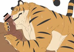 2017 anthro balls belly big_belly censored duo erection eto1212 feline fur furry hairy_balls humanoid_penis licking male mammal moobs nude oral overweight overweight_male partially_retracted_foreskin penis retracted_foreskin simple_background slightly_chubby striped_fur stripes sweat tiger tongue tongue_out uncut yaoi