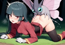 1boy 1girls ai_generated all_fours ass_grab black_hair blush boots clothed_sex clothes_down cum cum_inside gloves leggings_down open_mouth outdoors pants_down parkinson_(ai_artist) pokemon pokemon_rgby pokephilia pussy_juice red_eyes sabrina_(pokemon) sex sex_from_behind steamy_breath sweat venomoth