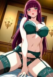 1girls ai_generated bedroom blush breasts castlevania castlevania:_portrait_of_ruin female female_only green_eyes green_lingerie hime_cut lingerie lingerie_bra lingerie_only lingerie_panties long_hair loretta_lecarde mansion medium_breasts navel on_bed on_knees pale-skinned_female pale_skin purple_hair red_lipstick room thighhighs thighs