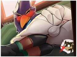 anthro anus avian balls beak biped bird blood blue_body blush bodily_fluids border breath_of_the_wild canid canine canis dialogue duo feathers fingers flugublue genitals green_eyes hi_res link_(wolf_form) looking_at_viewer lying male mammal multicolored_body nintendo nosebleed on_side revali solo_focus sweat text the_legend_of_zelda white_border wolf